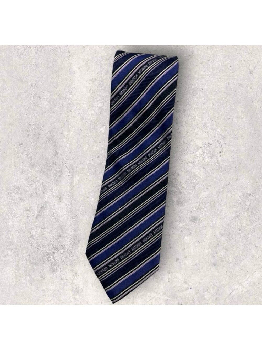 MOSCHINO Silk Cotton Tie ITALY XL Navy Blue Striped Monogram Brand W:3.6" EUC
